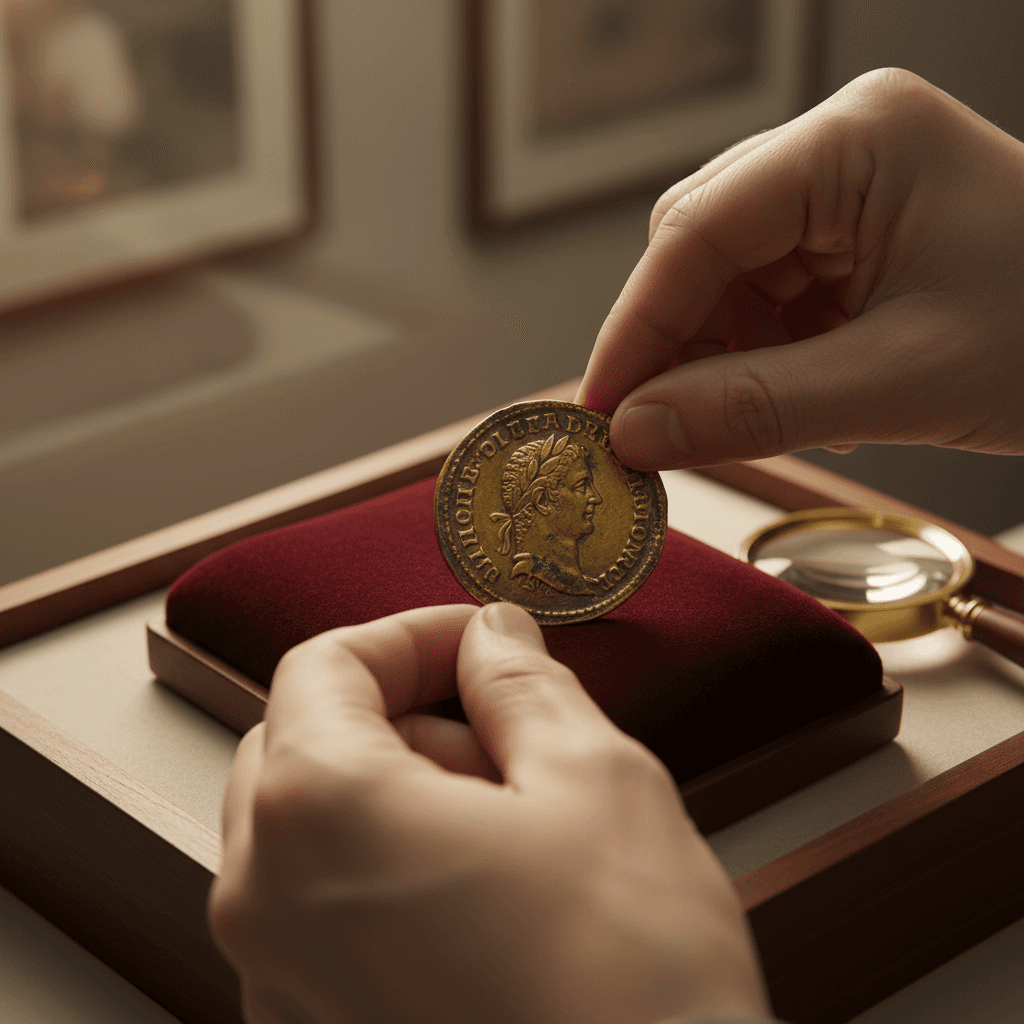 Collector's hands examining rare vintage coin under magnifying glass on dark velvet display pad
